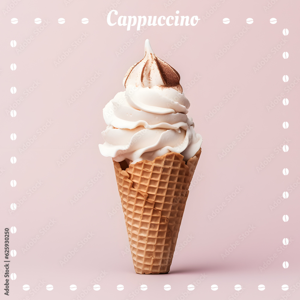 Cappuccino fruit ice cream. Ice cream cone on gradient color background. Banner. 3D illustration. Cappuccino fruit ice cream. Ice cream cone on gradient color background. Banner. 3D illustration.