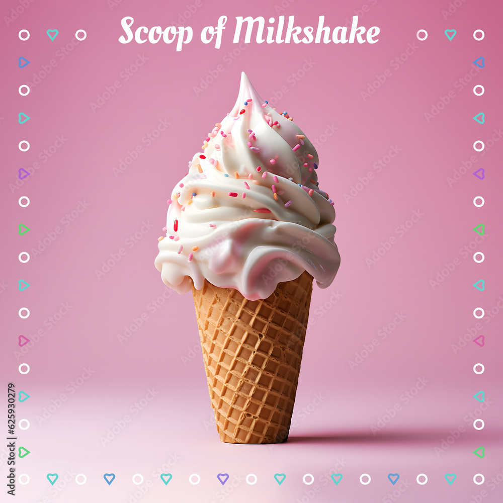 Scoop of Milkshake ice cream. Ice cream cone on gradient color background. Banner. 3D illustration. Scoop of Milkshake ice cream. Ice cream cone on gradient color background. Banner. 3D illustration.