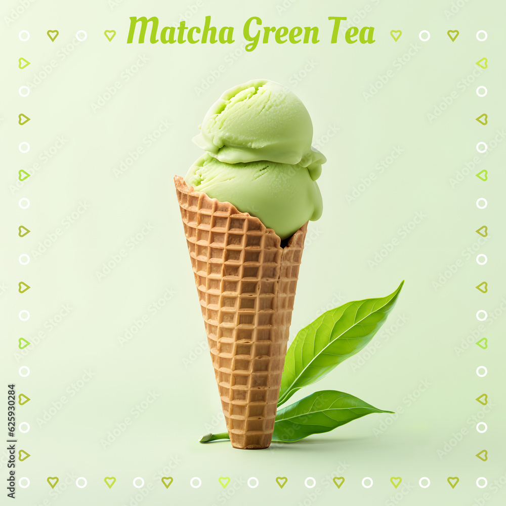Matcha Green tea Apricot fruit ice cream. Ice cream cone on gradient color background. Banner. 3D illustration. Matcha Green tea Apricot fruit ice cream. Ice cream cone on gradient color background. Banner. 3D illustration.