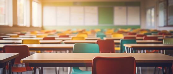 School classroom in blur background without young student. Blurry view of elementary class room no kid or teacher with chairs and tables in campus. Back to school concept