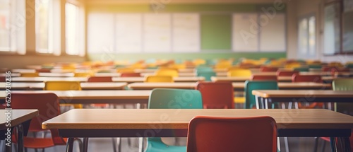 School classroom in blur background without young student. Blurry view of elementary class room no kid or teacher with chairs and tables in campus. Back to school concept