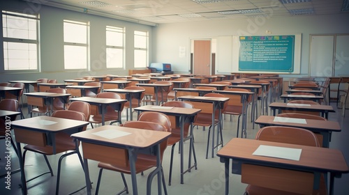 School classroom in blur background without young student. Blurry view of elementary class room no kid or teacher with chairs and tables in campus. Back to school concept