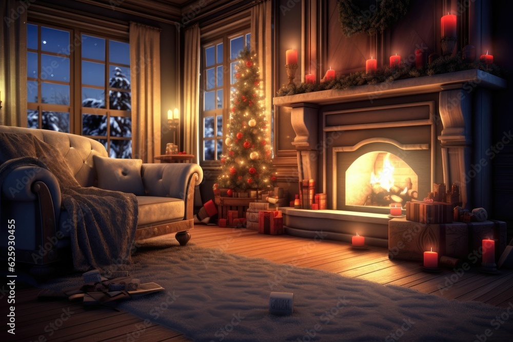 3D christmas family, fireplace, sock 3D christmas family, fireplace, sock