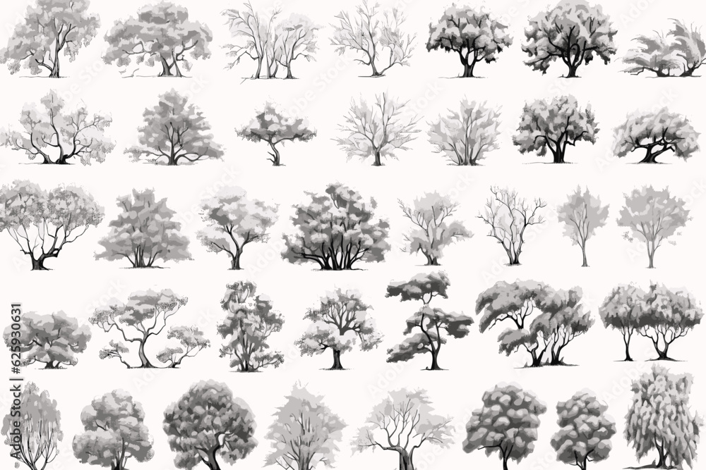 Fototapeta premium tree, silhouette, vector, nature, leaf, forest, illustration, black, branch, trees, palm, pine, plant, art, set, oak, design, outline, wood, drawing, leaves, birch, icon, autumn, collection