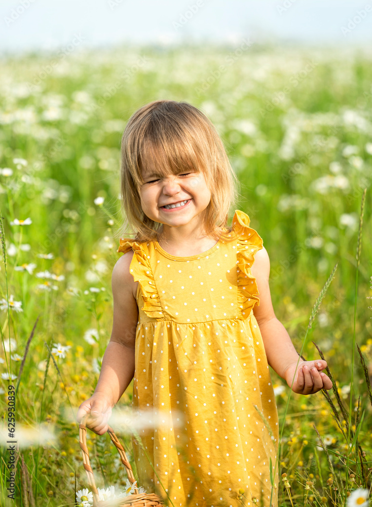 A little girl in a yellow dress stands in a field of wild flowers and smiles funny A little girl in a yellow dress stands in a field of wild flowers and smiles funny