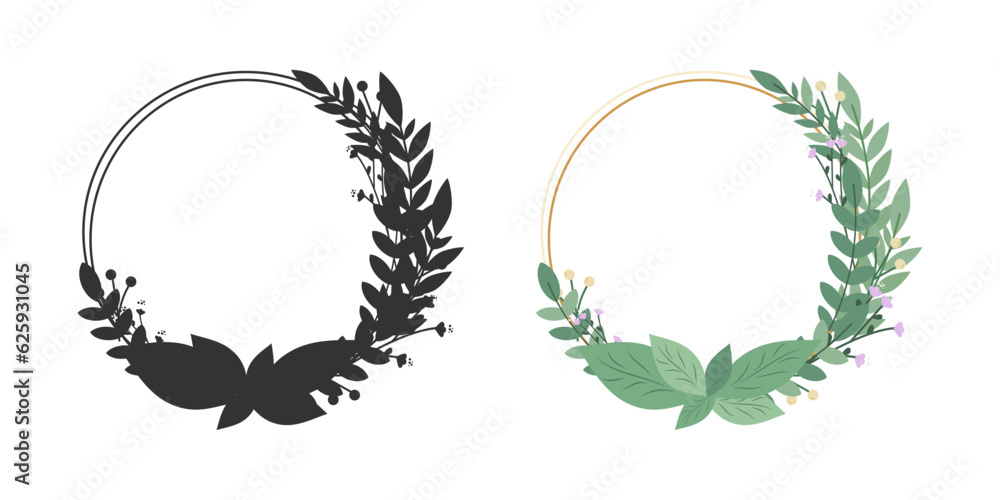 Wreath Frame with leaves and flowers. Laurels Leaf, Frames. Wreaths collection in modern different design. Vector illustration Wreath Frame with leaves and flowers. Laurels Leaf, Frames. Wreaths collection in modern different design. Vector illustration