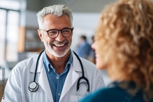 Portrait of senior male doctor with female patient in background at hospital. Doctor and patient discussing something while standing in corridor. Medicine and healthcare concept photo