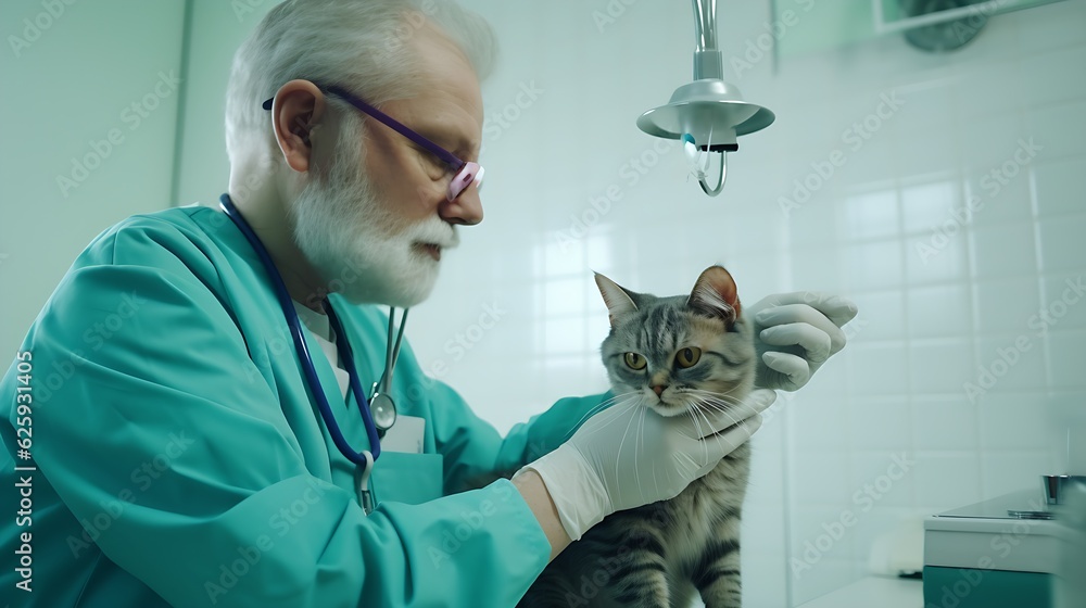 Male veterinarian vaccinating the cat. Indoor cat vaccination.