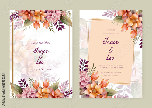 Vector watercolor wedding invitation card template with pink floral and leaves decoration