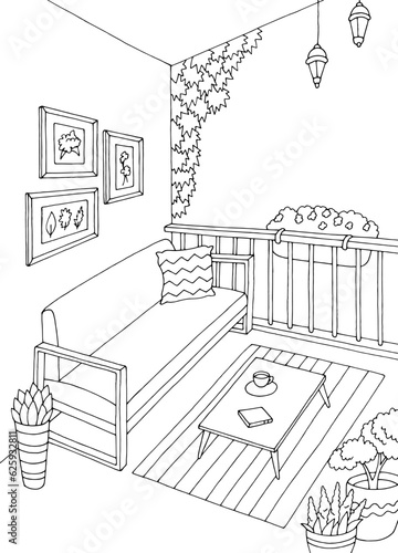 Balcony graphic black white interior vertical sketch illustration vector 