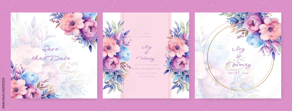 Soft pink floral wedding invitation and menu template