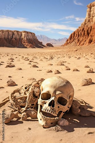 : A Haunting Desert Scene of Skull and Bones under the Midday Sun
