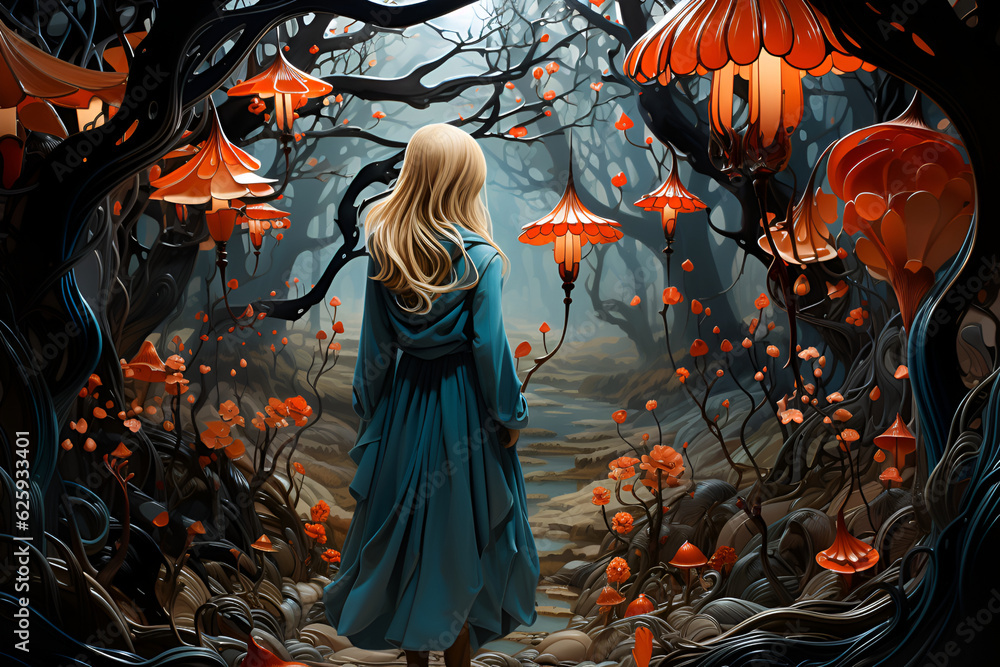 Obraz premium A young woman walks through the fabulous forest of elves, mysterious plants. created by AI