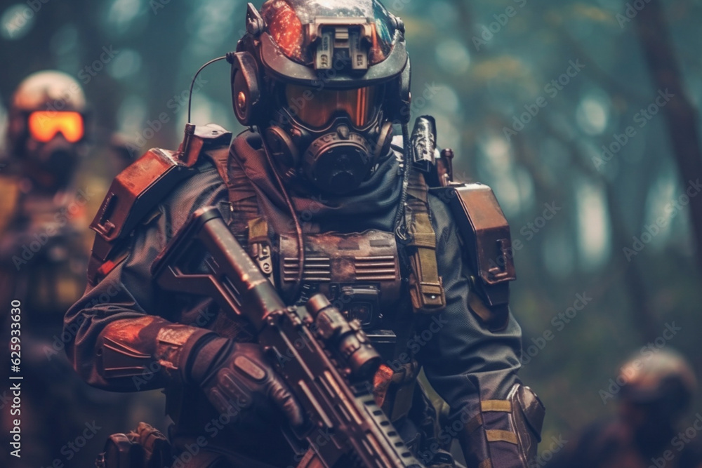 Obraz premium War concept. A bearded soldier in a special forces uniform fighting an enemy in a forest area. Selective focus Generative AI