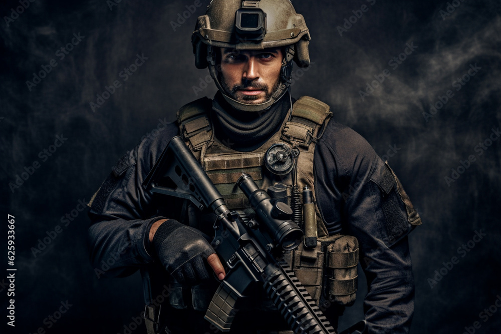 War concept. A bearded soldier in a special forces uniform fighting an enemy in a forest area. Selective focus Generative AI War concept. A bearded soldier in a special forces uniform fighting an enemy in a forest area. Selective focus Generative AI