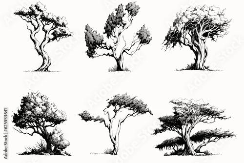 set of silhouettes of trees