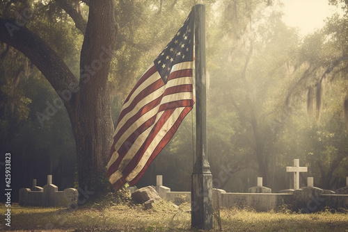 Military headstones honoring armed forces servicemen decorated with American flags for Memorial Day Generative AI