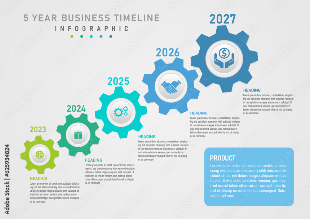 infographic timeline business 5 years multicolored gears aligned The ...