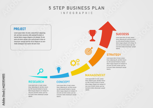 Infographic 5 steps. Business plan for success arrows divided into multicolored sections right side with lettering. On the left there is an icon. gray gradient background design for marketing, product