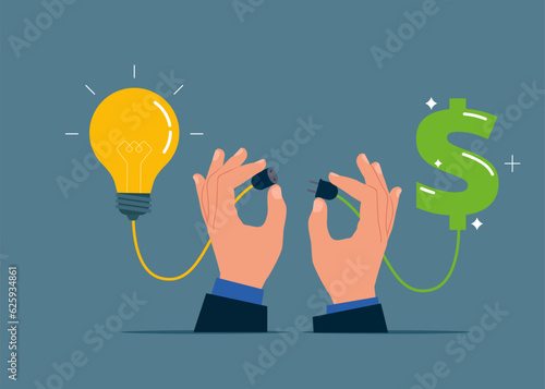 Light bulb and dollar connected. Financial support for startup and company. Modern vector illustration in flat style