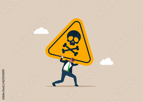 Businessman carrying huge danger sign. Incident management, root cause analysis or solving problem, identify risk or critical failure concept. Vector illustration.