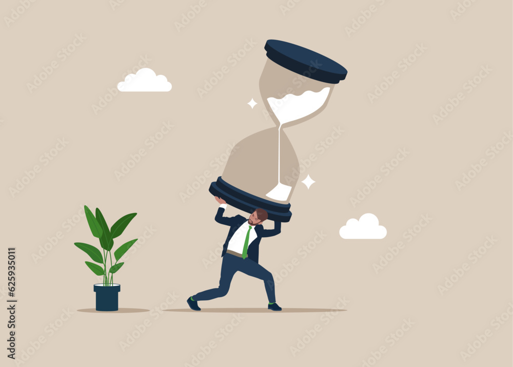 Businessman carrying and trying to stop sandglass before it fall. Project deadline, running out of time or time management. Flat vector illustration - obrazy, fototapety, plakaty 