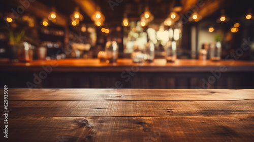 The empty wooden table top with blur background of restaurant at night. Exuberant image. Generative AI