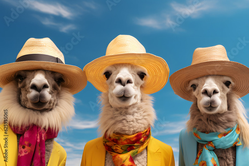 Group of lamas in a field. Vivid colors. Summer sunny day. photo