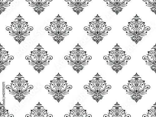 Damask digital paper seamless floral pattern. Black Flowers on a white background. Luxury Royal Wallpaper.