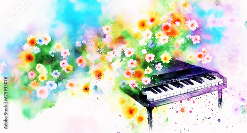 illustrazione con pianoforte e brillante sfondo a tema floreale astratto, colori ad acqua diffusi su carta

 photo
