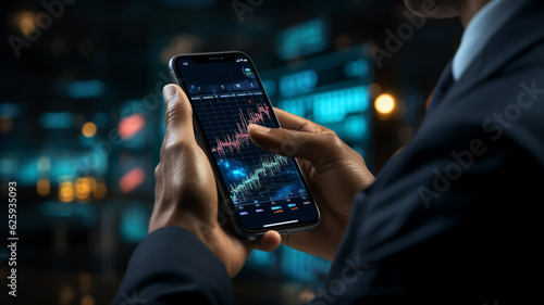 Stock market on the screen of the phone and in the background. Stock analysis and currency exchange. Generative AI
