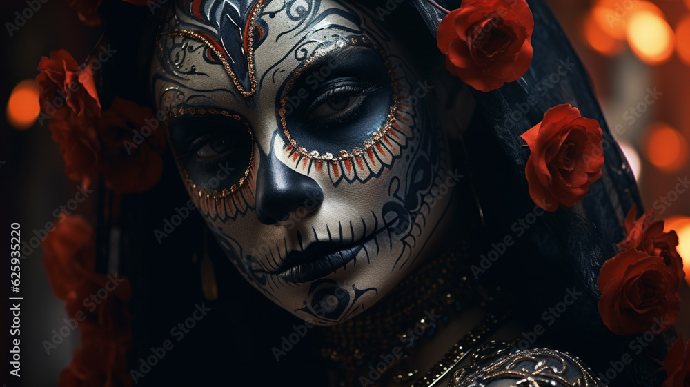 Sugar skull with colorful flowers. Calavera Catrina. Dia de los muertos. Day of The Dead. Digital 3D illustration Generative AI Sugar skull with colorful flowers. Calavera Catrina. Dia de los muertos. Day of The Dead. Digital 3D illustration Generative AI