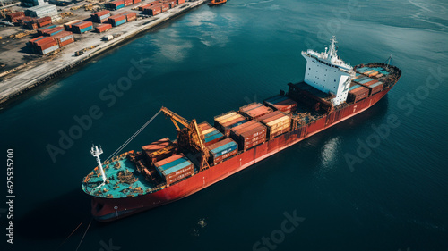 Industrial port in the field of import-export global business logistics and transportation, Loading and unloading container ships, cargo transportation from a bird's eye view. Generative AI