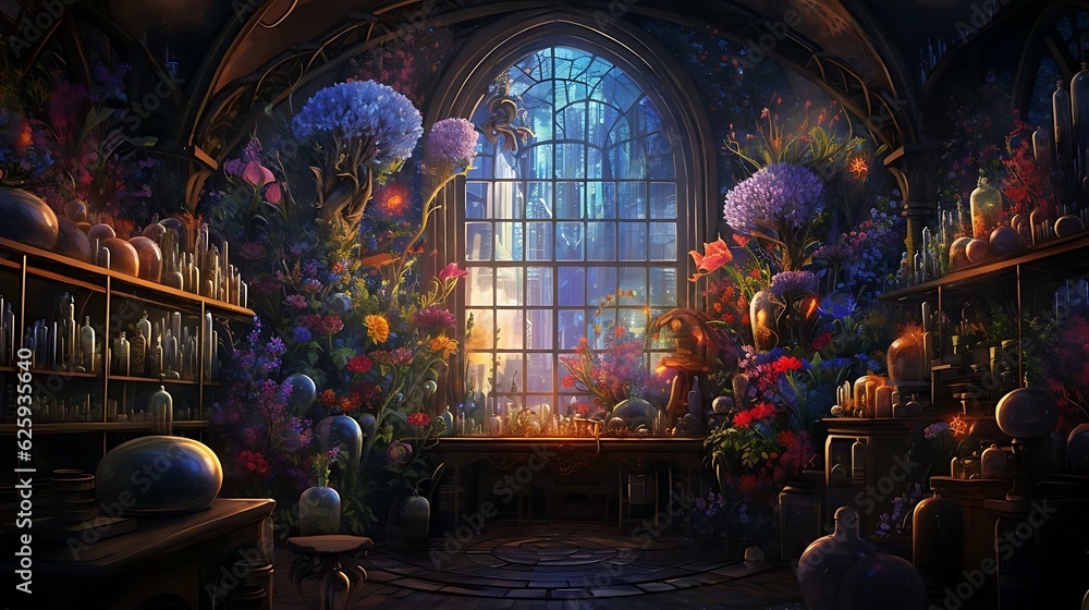 Obraz premium a room with a large window and flowers