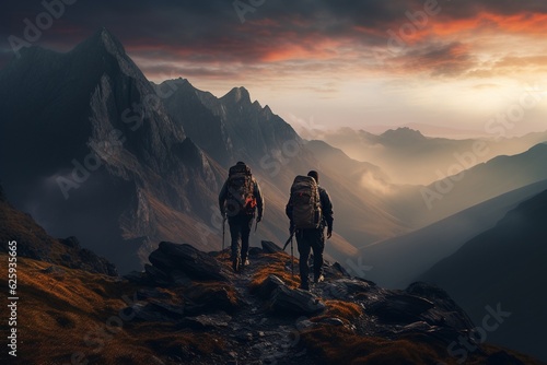 Photograph of people hiking in majestic mountains at dawn, Generative AI