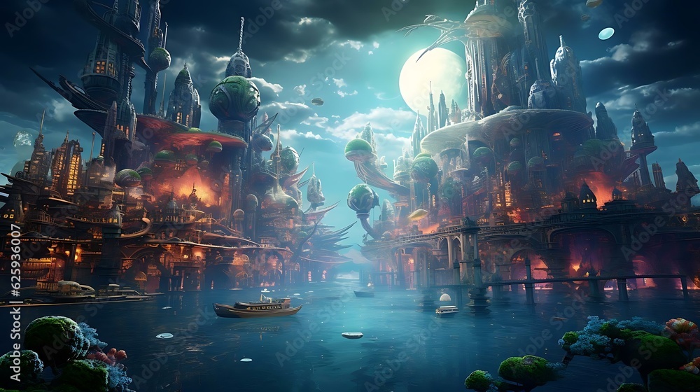 Obraz premium a painting of a city with a river and boats