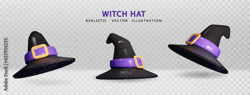 Witch hat from different angles. Realistic costume element for Halloween celebration. Realistic 3d Vector.