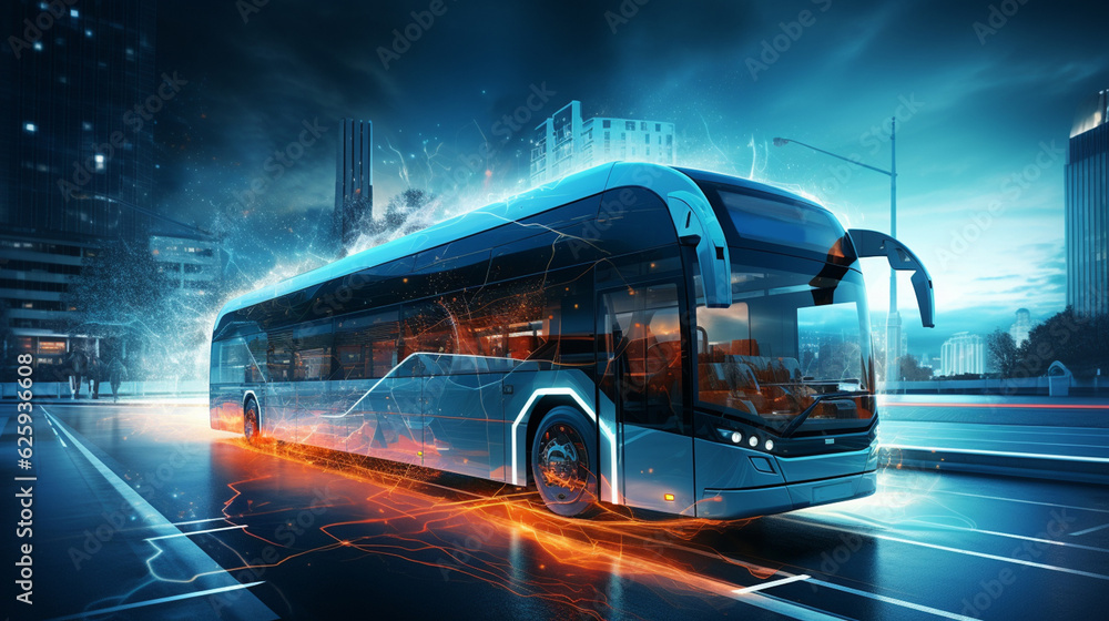 White bus moving fast on the road in a modern city with light effect Generative AI