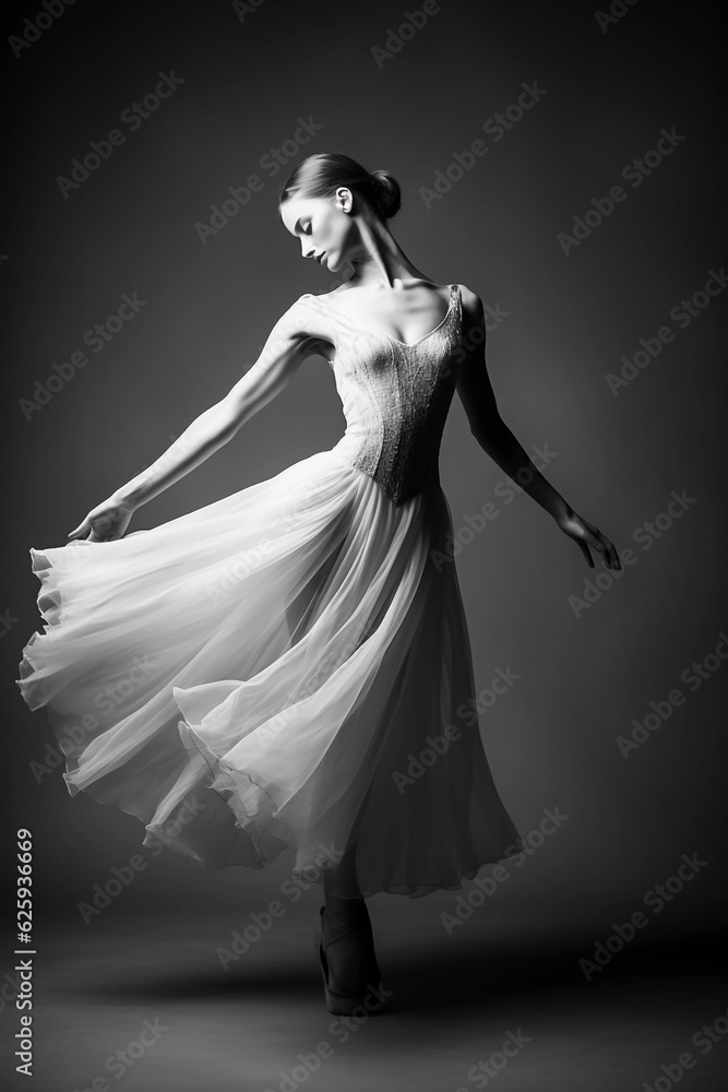 Black and white studio photography of ballerina. Portrait of a young dancer. Generative AI