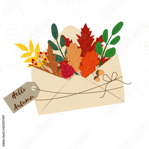 Hello Autumn Envelope with autumn leaves and the hand written hello autumn on label
