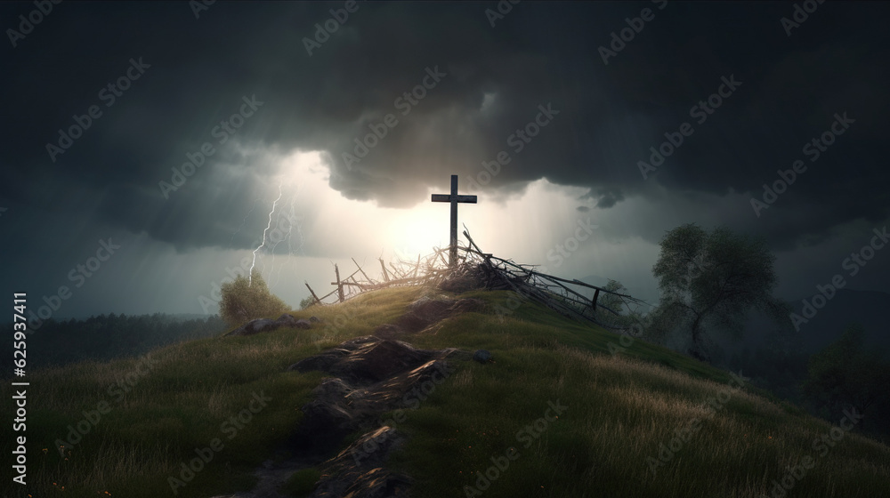 Obraz premium Holy Catholic Cross on a Hill on a Stormy Day Biblical
