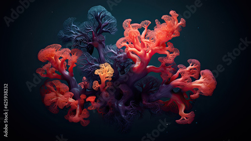 Red orange coral and dark blue coral underwater