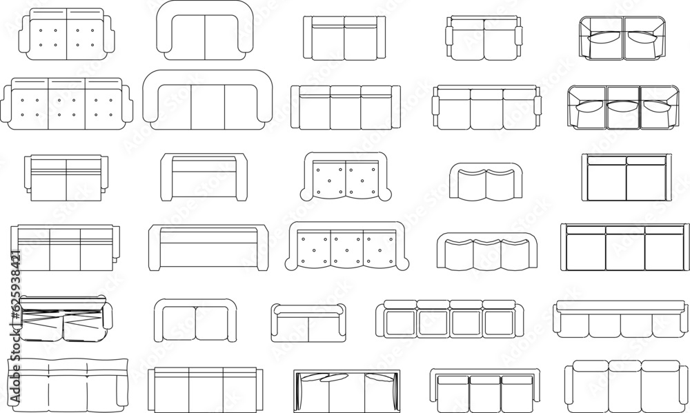 Vector sketch illustration of sofa, chair, interior, top view Vector sketch illustration of sofa, chair, interior, top view