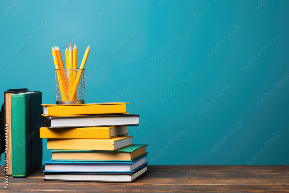 books on a wooden table on a blue background, Generative AI books on a wooden table on a blue background, Generative AI