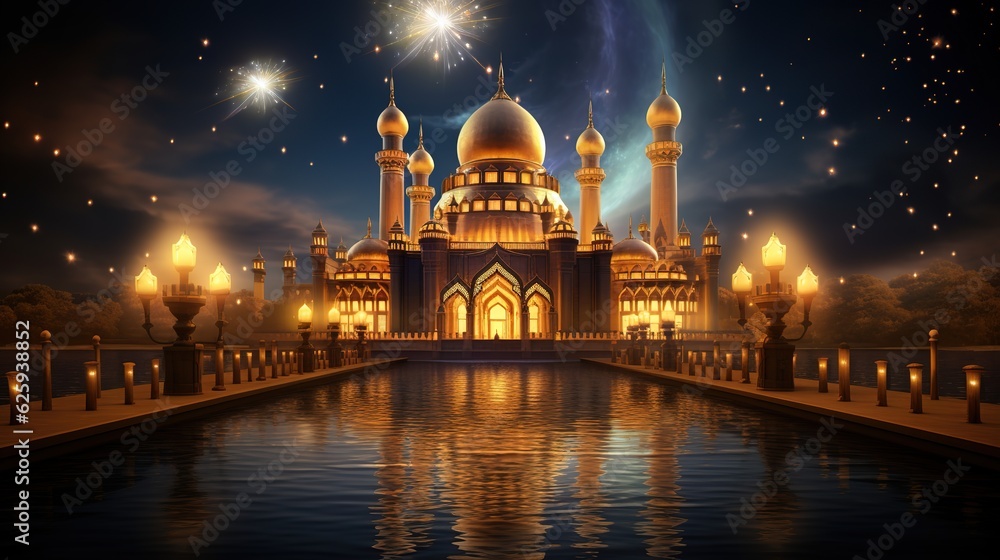 3D cartoon illustrations of mosques and lanterns produced for the holy festival.AI generated.