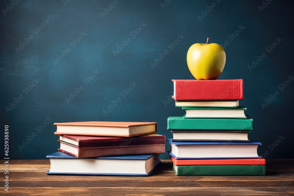 books, apple, pencils on a wooden desk on a school blackboard background, Generative AI