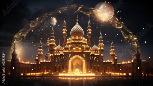 3D cartoon illustrations of mosques and lanterns produced for the holy festival.AI generated.