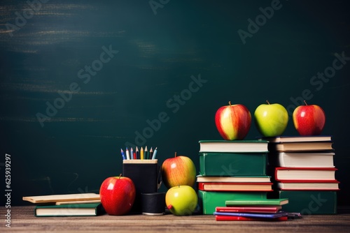 books, apple, pencils on a wooden desk on a school blackboard background, Generative AI
