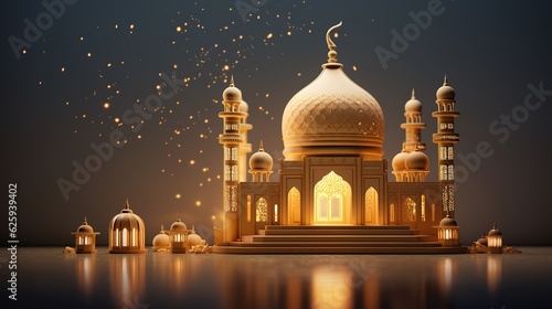 3D cartoon illustrations of mosques and lanterns produced for the holy festival.AI generated.