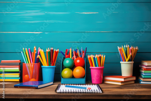 different school subjects on a wooden table on a chalkboard background, Generative AI photo